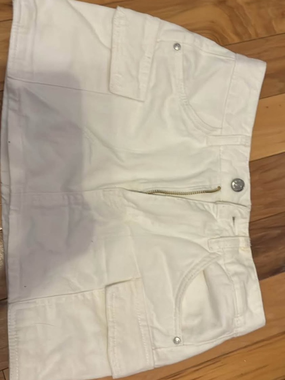 white denim mini cargo skirt